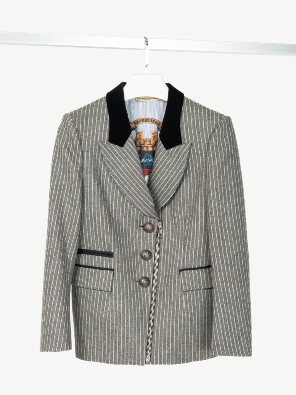 Balenciaga AW07 Grey Pinstripe Wool-Flannel Velvet-Lapel Blazer